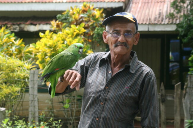 Man in Bolson holds his pet Loro bird, Camille.