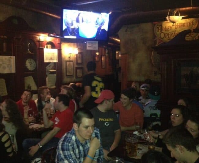 The scene in Abbey Theatre, one of Rome's many Irish pubs, the night, er, morning of the Super Bowl.