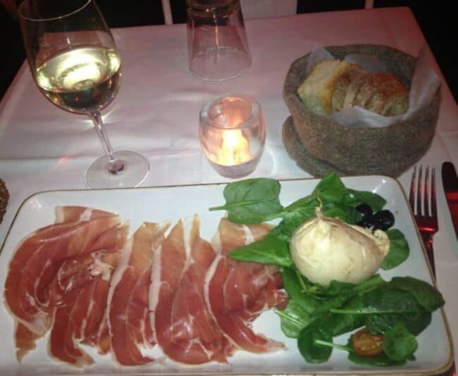 Twenty-year-aged Parma ham and smoked bufala mozzarella at Obika', in the heart of pulsating Campo dei Fiori.