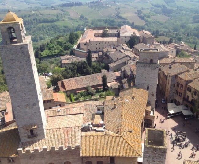 Aerial view of San Gimignano from one of its 15 towers built by residents during the prosperous medieval times. 