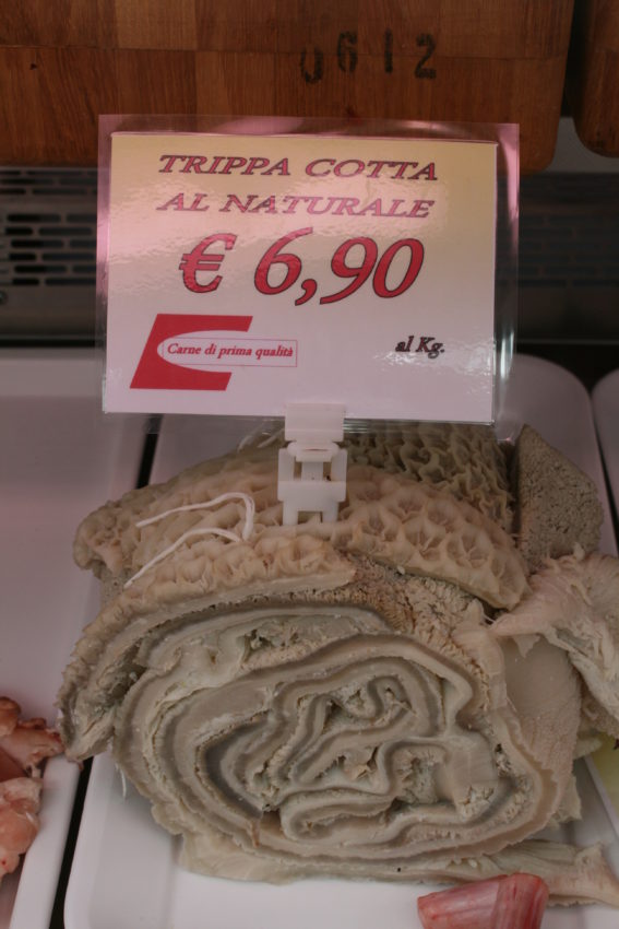 Tripe, the inner lining of a pig's stomach, is a Roman staple.