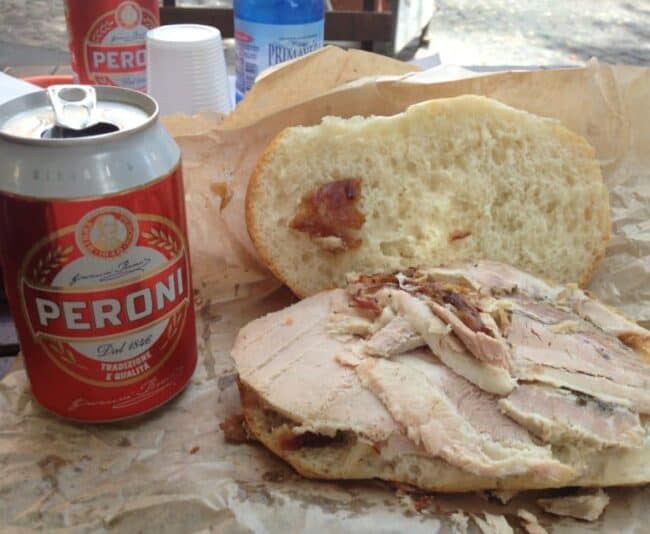 The porchetta sandwich, famous around Rome since the 15th century.