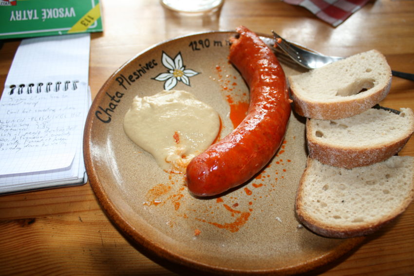 My lunch of bratwurst and water.