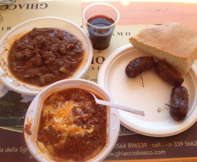 Clockwise from upper left: cinghiale cacciatore, cinghiale sausage, cinghiale with polenta.
