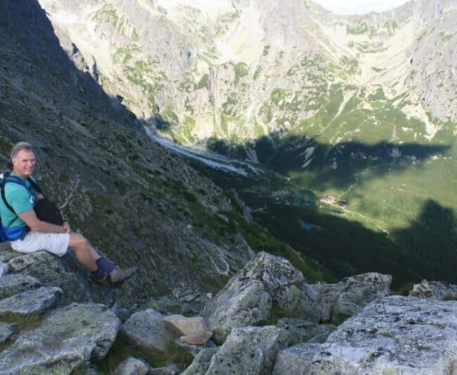 Me high atop Lomnicky stit (8,643 feet). The little blue dot below is the lake next to Zelenom chata I stayed at the night before.