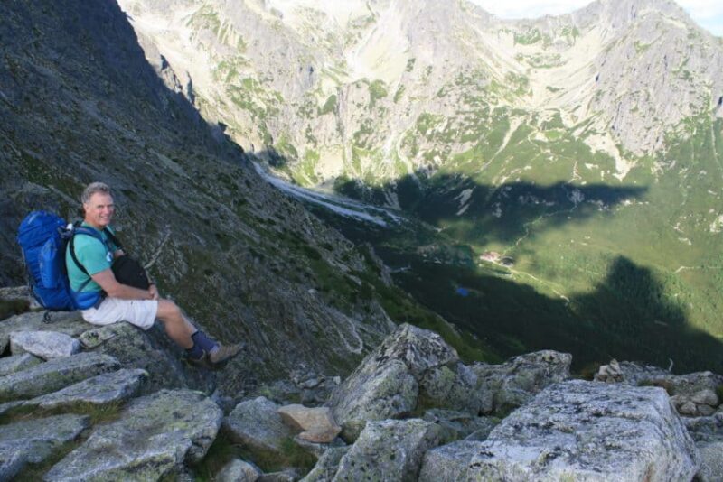 Me high atop Lomnicky stit (8,643 feet). The little blue dot below is the lake next to Zelenom chata I stayed at the night before.