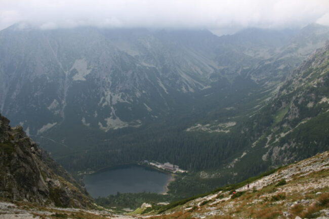 Popradske pleso from atop 1.2-mile-high Sedlo pod Ostrvou and where I'd spend the night after an eight-hour hike covering 11 miles.