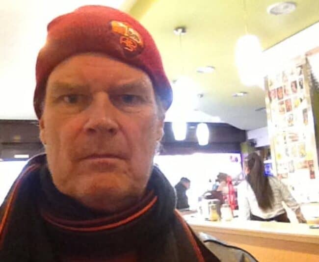 Me Wednesday at the In Caffe where I wrote while dressed more appropriately for a football game in Buffalo.