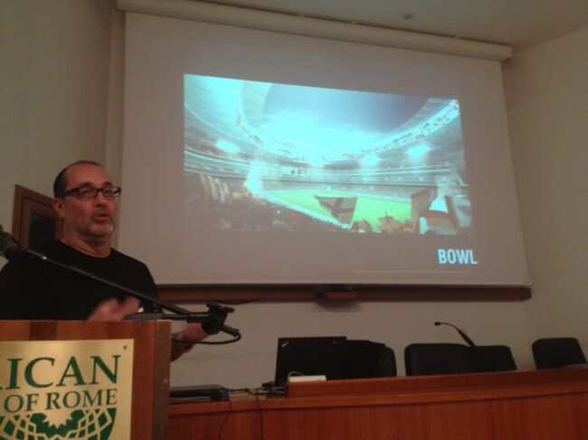 Architect Dan Meis explains to a packed crowd how he'll make Stadio della Roma a new destination in Rome.