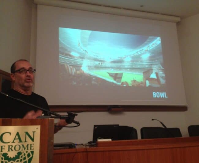 Architect Dan Meis explains to a packed crowd how he'll make Stadio della Roma a new destination in Rome.