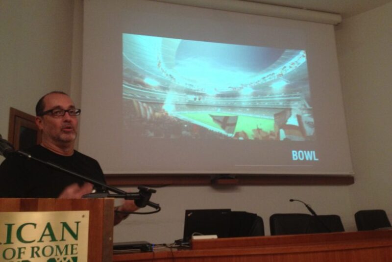 Architect Dan Meis explains to a packed crowd how he'll make Stadio della Roma a new destination in Rome.