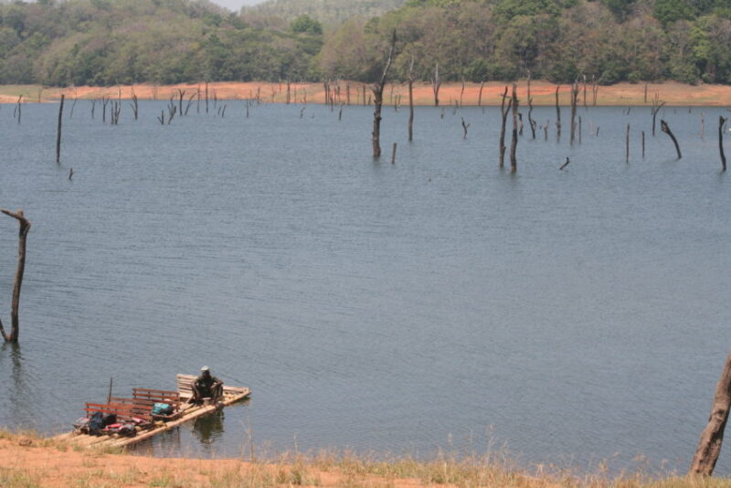 The Periyar Wildlife Sanctuary is a 777-square-kilometer park with a 26-square-kilometer artificial lake built by the British in 1895.
