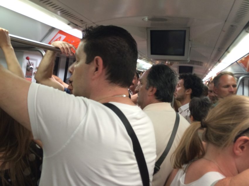 My subway car Wednesday. Rome gets about 10 million tourists a year, a good many of them coming in July.