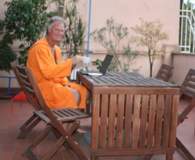 Me on my terrace, my usual perch every morning with my laptop and perfect cappuccino.