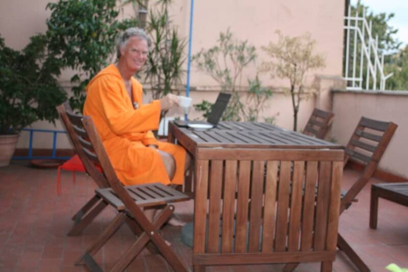 Me on my terrace, my usual perch every morning with my laptop and perfect cappuccino.