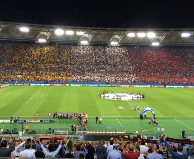 A packed Olympic Stadium crowd of 57,836 watched Roma tie defending champions Barcelona as the Champions League kicked off for Roma Wednesday night.
