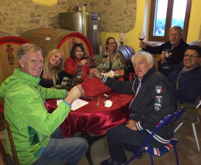 The Gang of Seven at Terre dei Nappi winery in Bevagna. From left, going around the table, me, Pam Carpentier, Sabrina Crawford, Lisa Chambers, Errol Zahnow, Robert Della Vedova, Alessandro Castellani.