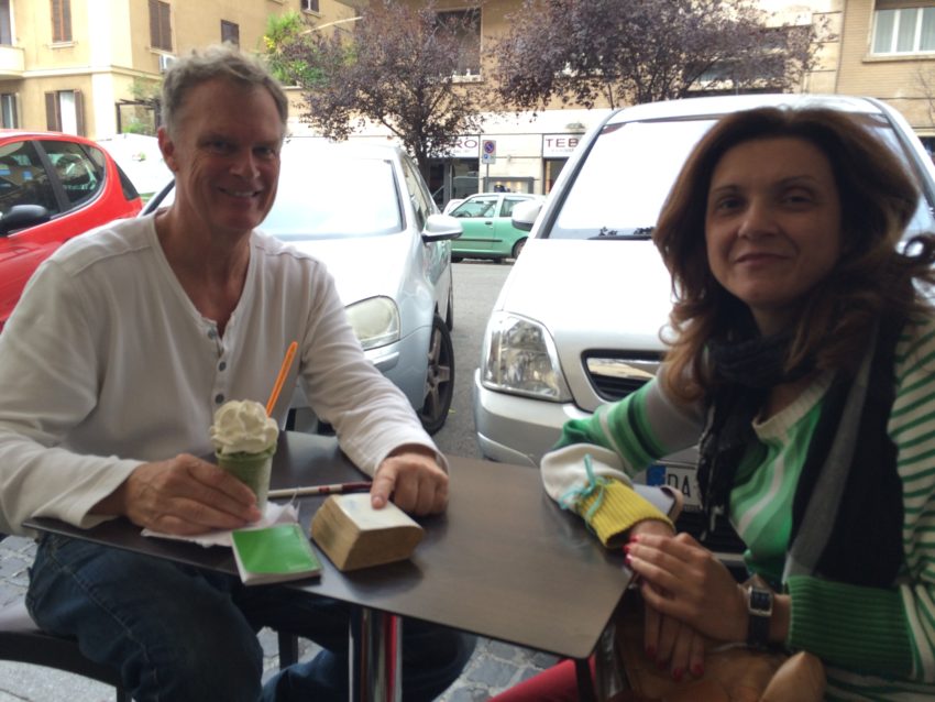 Me and Stefania at the Sicilian cafe, Mizzica. I'm eating a granita, a traditional Sicilian dessert.