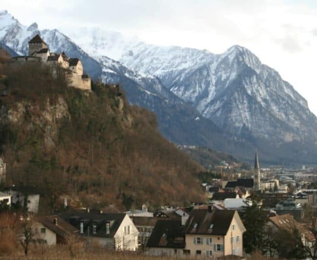 The view of Vaduz Castle over the tiny Liechtenstein capital of Vaduz (Pop. 5,300).
