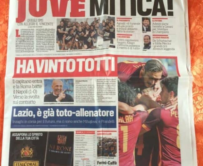 The front page of Tuesday's Corriere dello Sport, writing how Roma's win over Napoli gave Juventus its fifth straight Serie A title.
