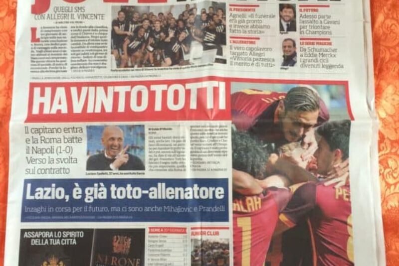 The front page of Tuesday's Corriere dello Sport, writing how Roma's win over Napoli gave Juventus its fifth straight Serie A title.