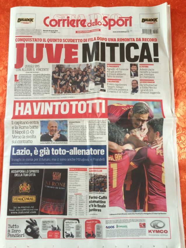 The front page of Tuesday's Corriere dello Sport, writing how Roma's win over Napoli gave Juventus its fifth straight Serie A title.