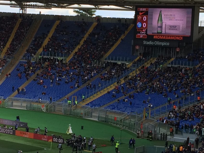 Curva Sud was less than half full, as usual, as Roma's Ultras continue to protest the barrier in the middle of the section.