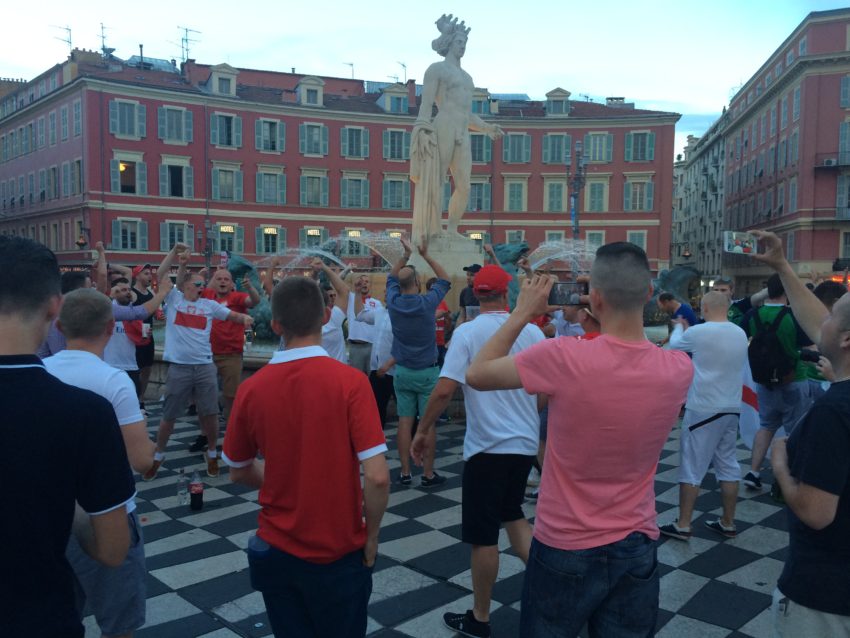 Polish fans celebrating the night before their match against Northern Ireland.