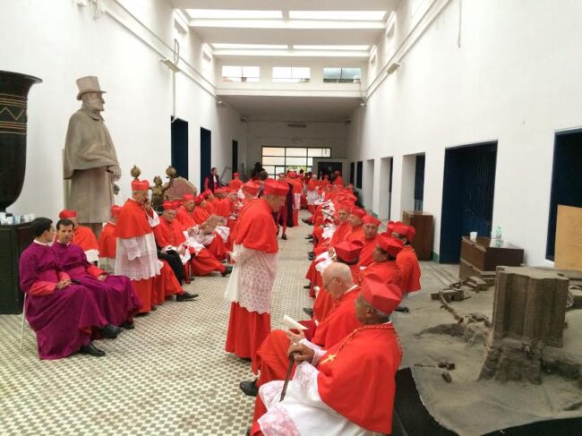 The 140 cardinals wait to take center stage in the filming of "The Young Pope."