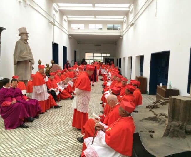 The 140 cardinals wait to take center stage in the filming of "The Young Pope."