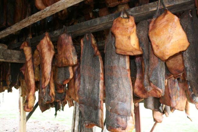 The shark meat dries for three to four months before being consumed.