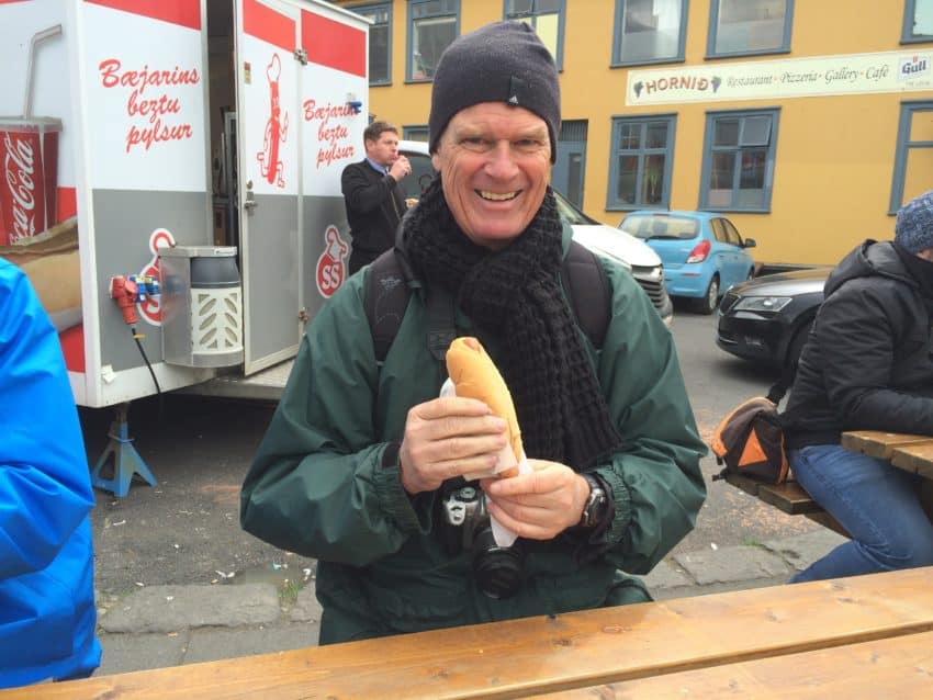 Me eating one of the few affordable foods in Iceland: a $4.50 hotdog (though Bill Clinton called it the best hotdog he's ever had.)