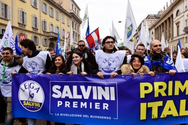 Supporters of Matteo Salvini, leader of The League, Italy's ultra-right party, campaign ahead of Sunday's election. Photo by The Nation