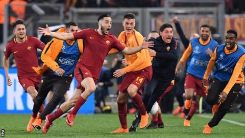 Kostas Manolas after his goal in the 82nd minute put Roma ahead 3-0. BBC photo