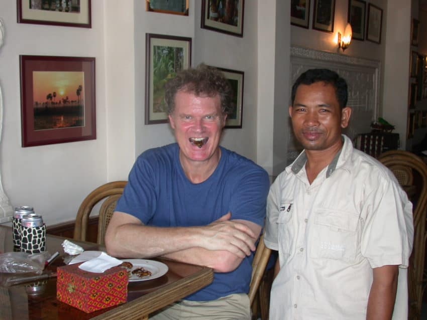 Eating insects in Phnom Penh with my Cambodian friend and insect advisor, Samnieng Bee.