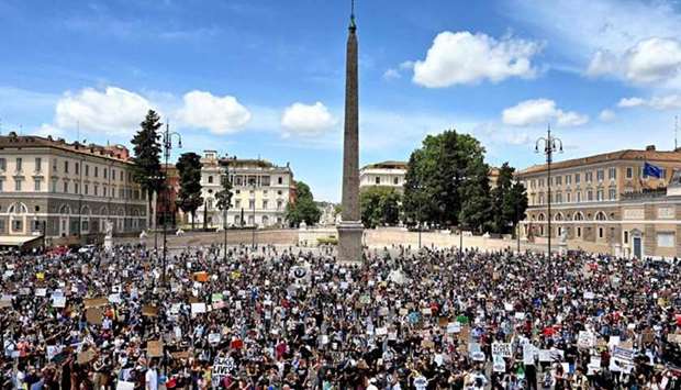 More than 3,000 people filled Rome's Piazza del Popolo for the Black Lives Matter rally Sunday. Gulf Times photo
