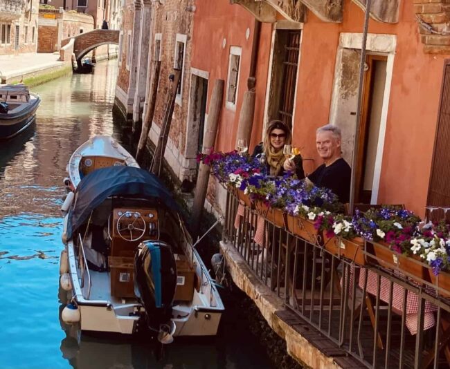 Marina and I celebrating our six-year anniversary at Trattoria Dona Onesta on one of Venice's many empty canals Monday.