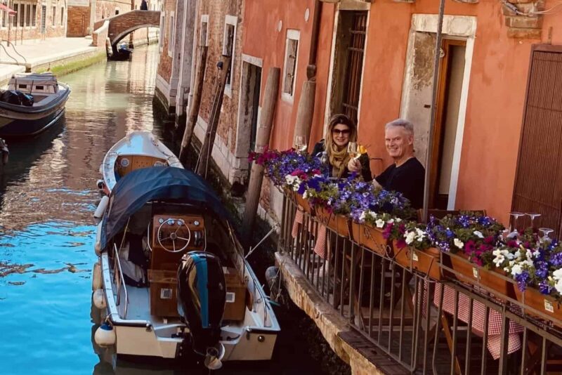 Marina and I celebrating our six-year anniversary at Trattoria Dona Onesta on one of Venice's many empty canals Monday.
