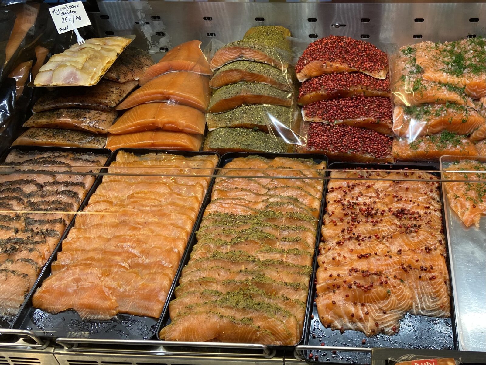 A salmon stall at Market Hall.