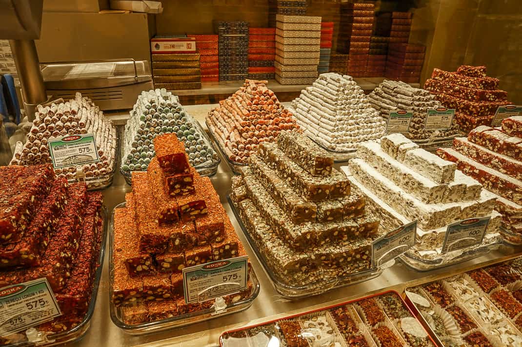 Turkish Delight display in Istanbul's Koska store specializing in sweets. 