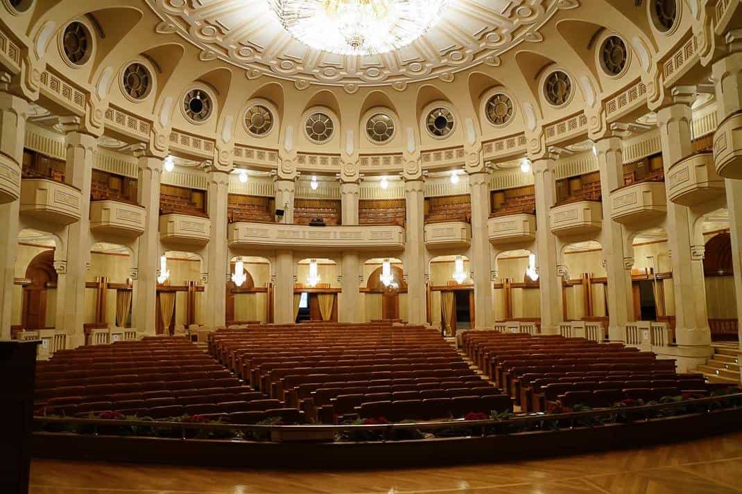 The 600-seat auditorium in Bucharest's Palace of Parliament, one of 1,100 rooms. 