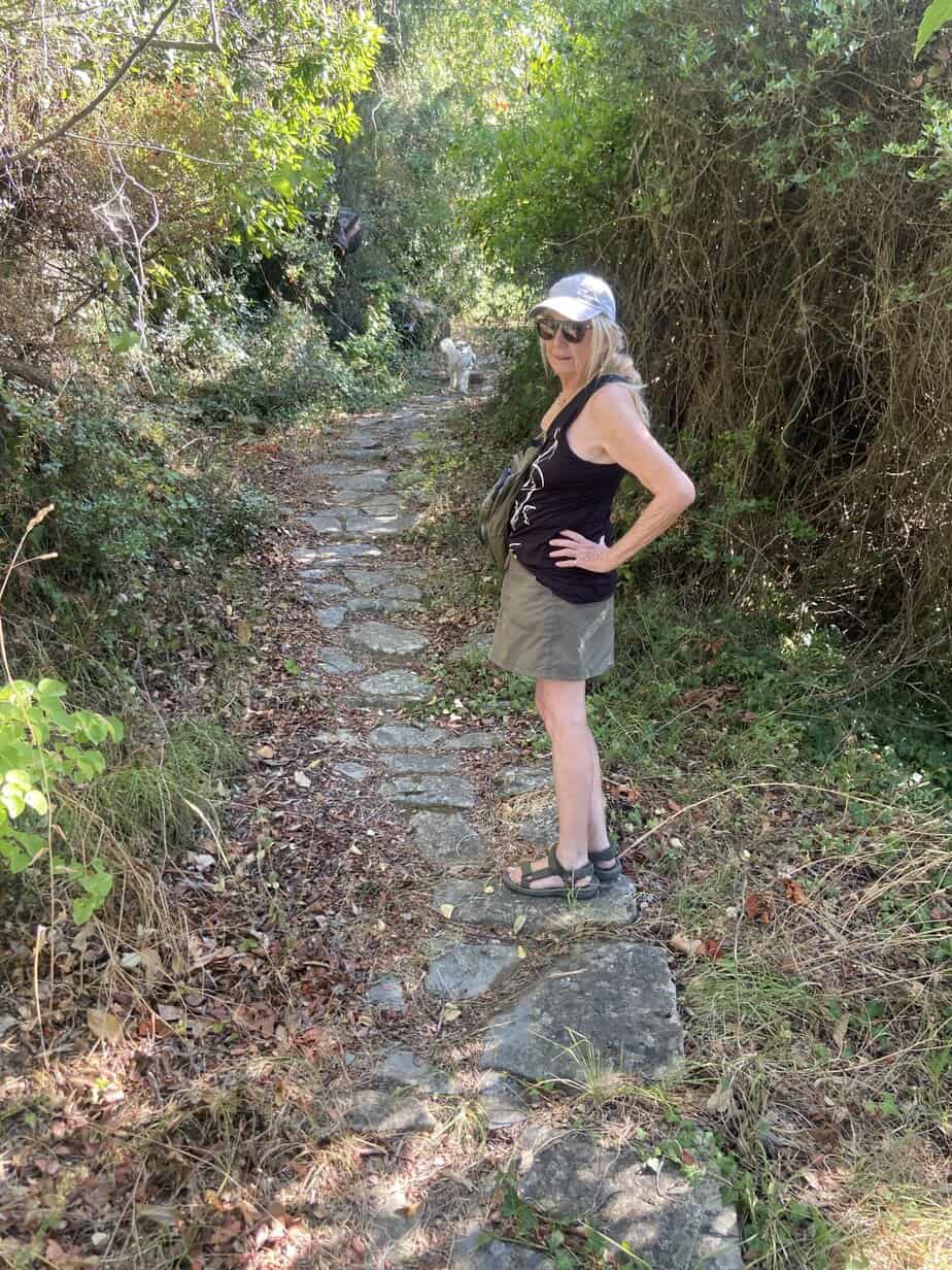 Heather Parsons stands on one of the 33 trails she has uncovered on Skopelos, Greece.